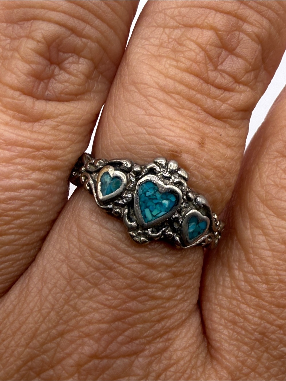 Vintage G&S 95 Silver Tone Turquoise Blue Heart Cocktail Statement Ring Size 6